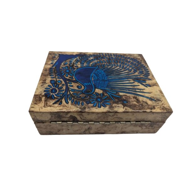 VTG Handmade Amati Painted Bark Box With Blue Peacock Design & Hinged Lid - Picture 11 of 12